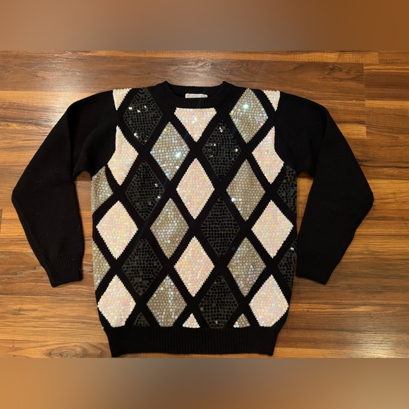 Vintage 90s Black White Sequin Sweater small Alfred Dunner Crew Neck - Picture 1 of 3